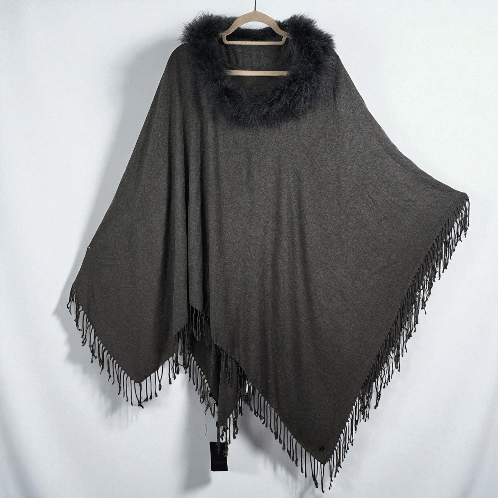 Twin-Set Simona Barbieri Gray Poncho Acrylic With Feather Collar Woman Med Nwt